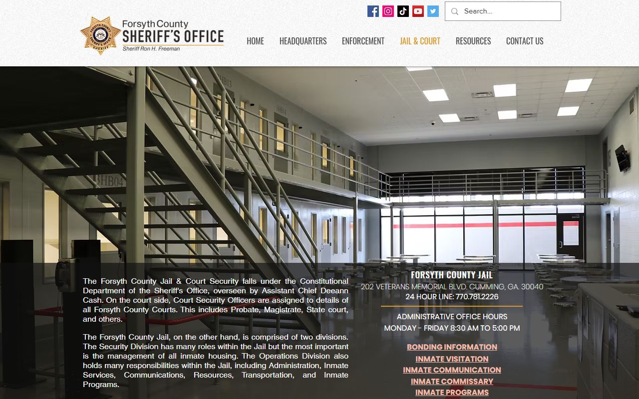 Forsyth County Sheriff jail page for arrest and booking info