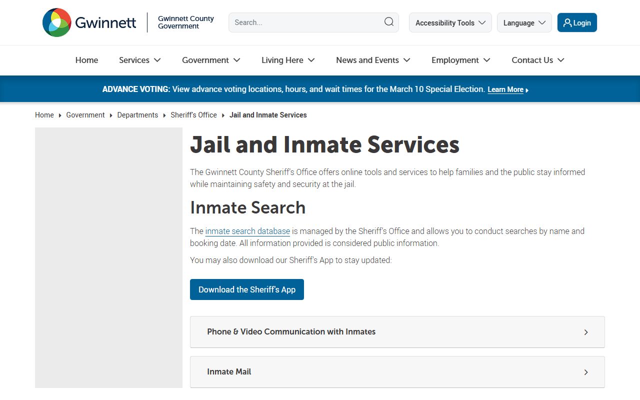 Gwinnett County inmate services page for arrest booking info