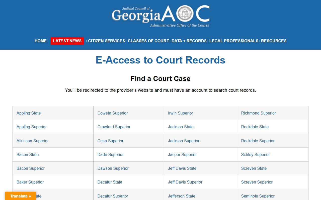 Georgia E-Access court records portal for arrest case searches