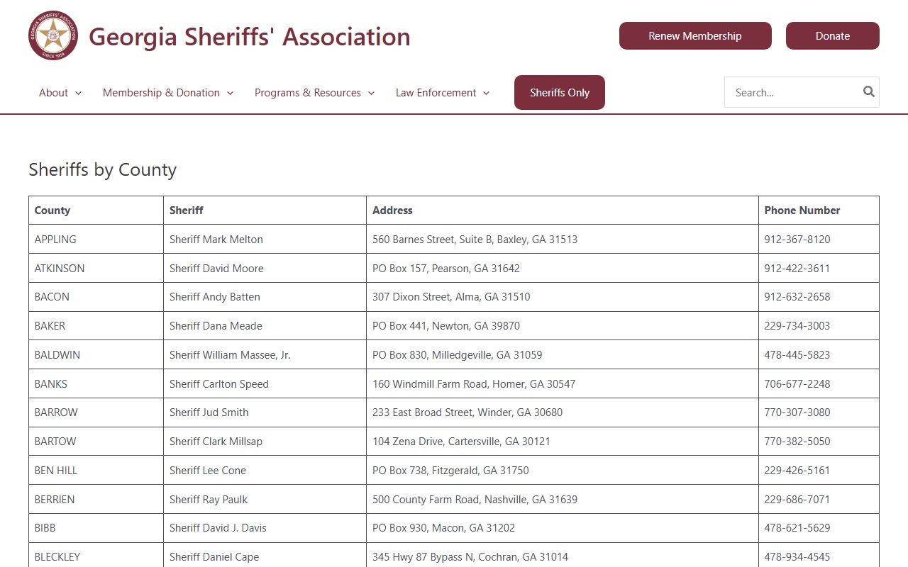 Georgia Sheriffs Association directory for finding recent arrest records by county